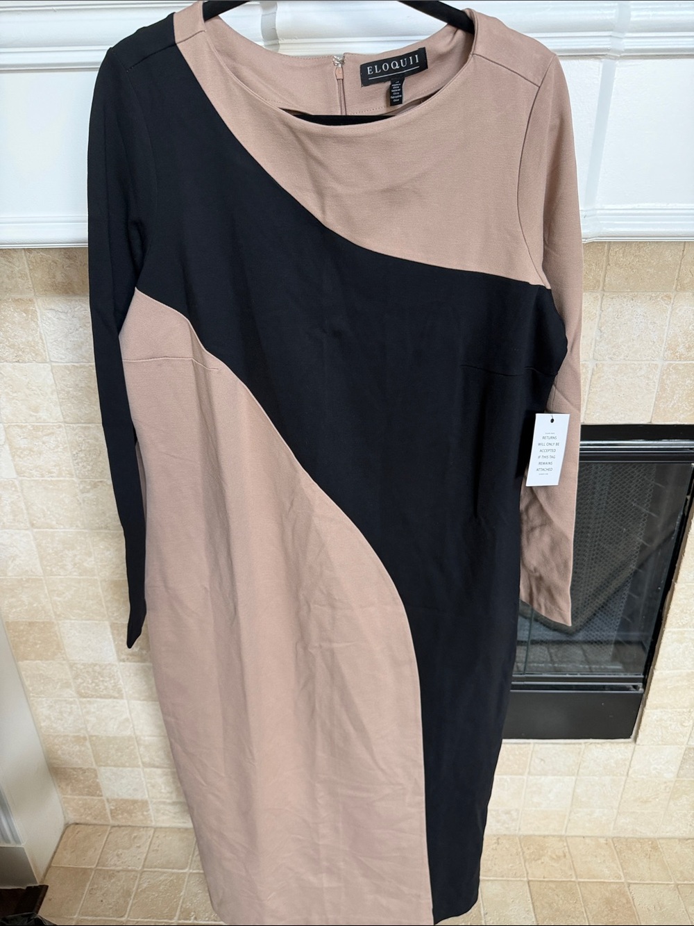 Eloquii Black and Taupe Curve-Block Long Sleeve Dress SZ 14
